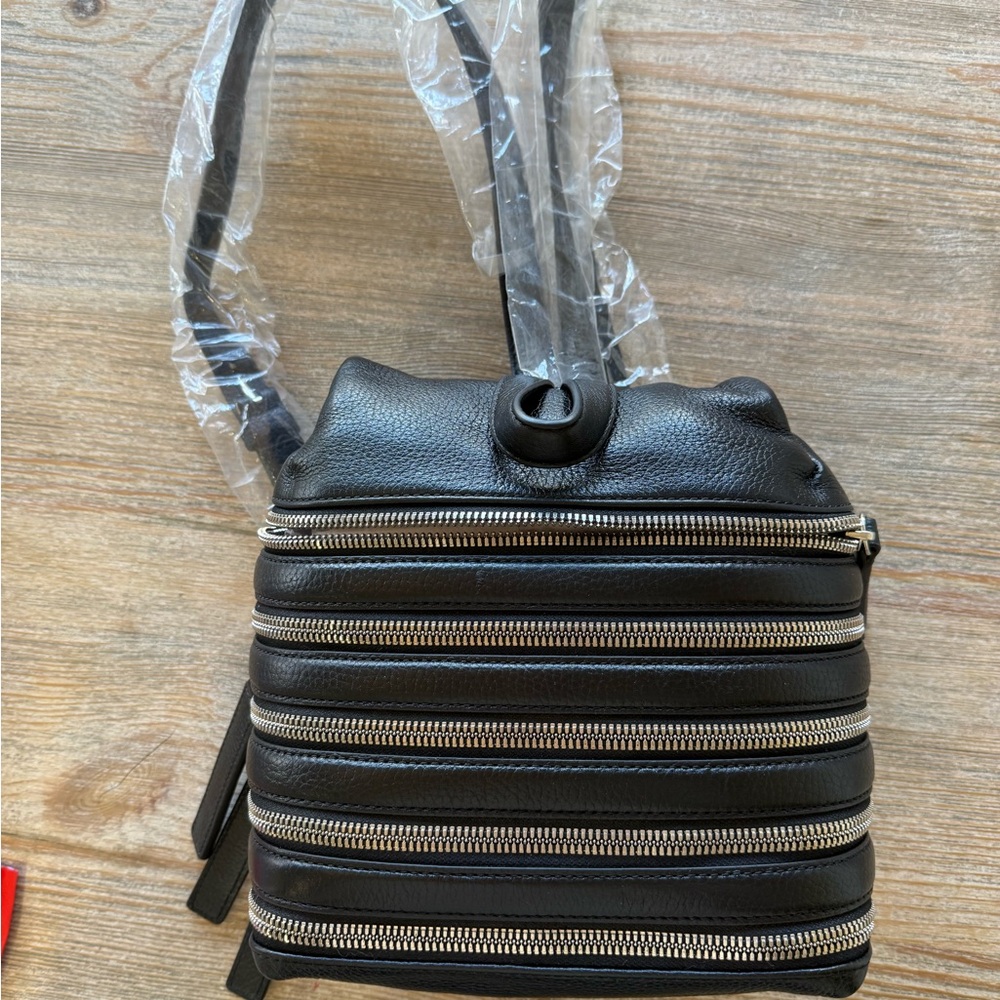 Brand New authentic Kara Black Leather multi zip bag